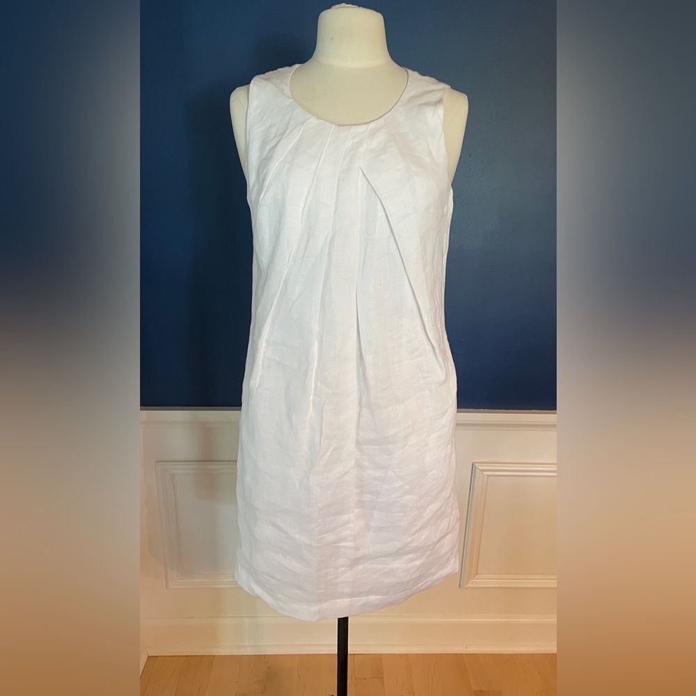 Neiman Marcus Sleeveless Linen Shift Dress White Small